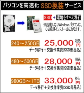 パソコンを高速化　SSD換装サービス 　SSD＋環境をすべて移行 ※起動しないWindowsパソコンは、OS新規インストールになります。 240～250GB 25,000円税込　データ移行＋交換作業費（SSD部品込） 480～500GB 28,000円税込　データ移行＋交換作業費（SSD部品込） 960～1TB 33,000円税込　データ移行＋交換作業費（SSD部品込）
